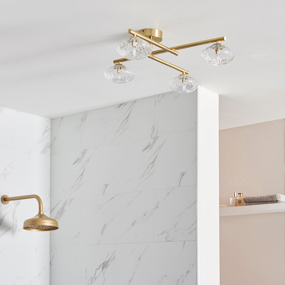 Mobias 4lt semi flush Satin brass plate & clear ribbed glass