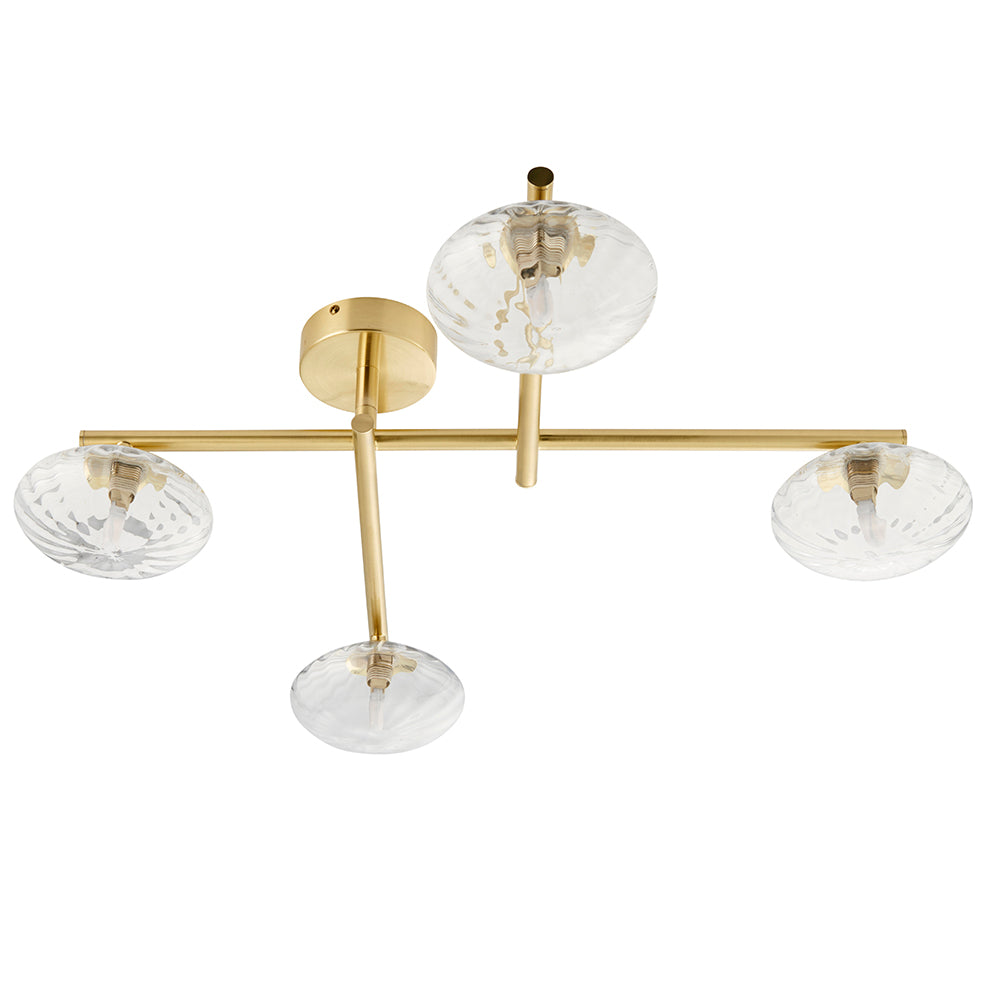 Mobias 4lt semi flush Satin brass plate & clear ribbed glass