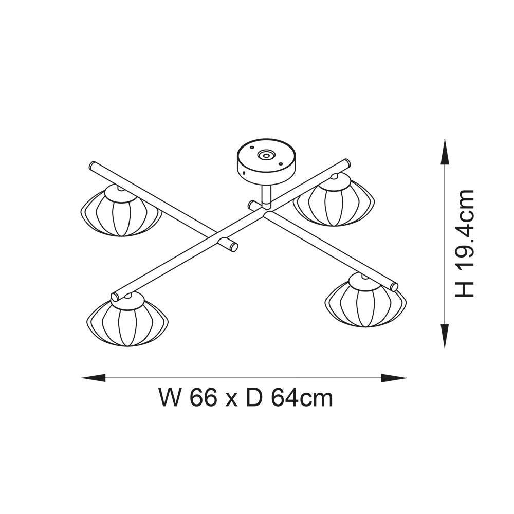 Mobias 4lt semi flush Satin brass plate & clear ribbed glass