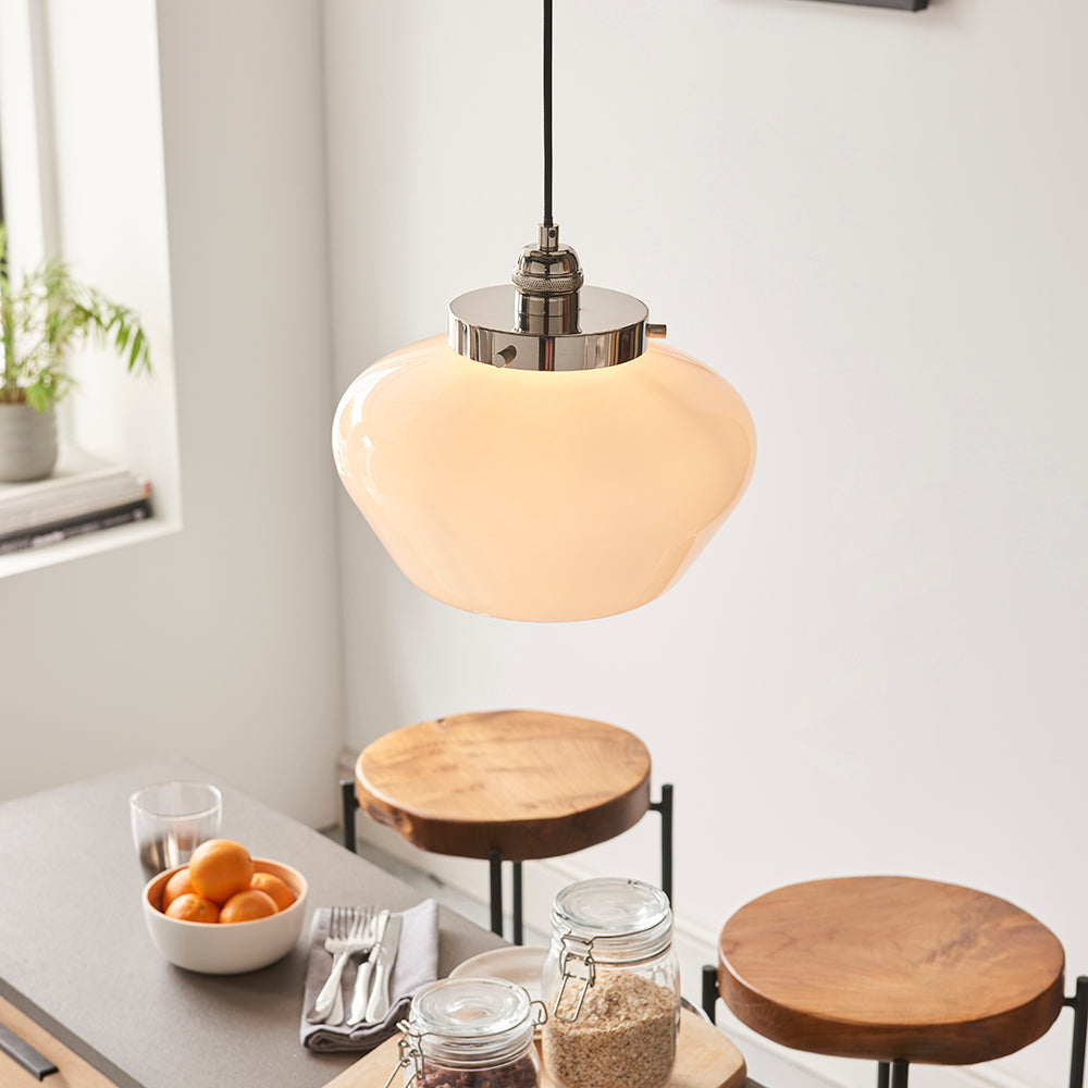 Camberley Pendant Bright nickel plate & opal glass