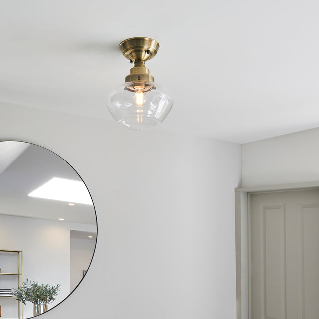 Ohio Semi-Flush Ceiling Light Antique Brass w/ Clear Glass - Comet Lighting