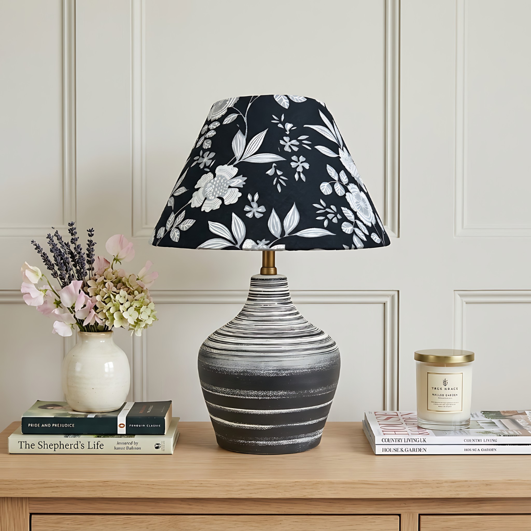 AARTIN Eden Black & White Ceramic Table Lamp with Midnight Blossom Lampshade