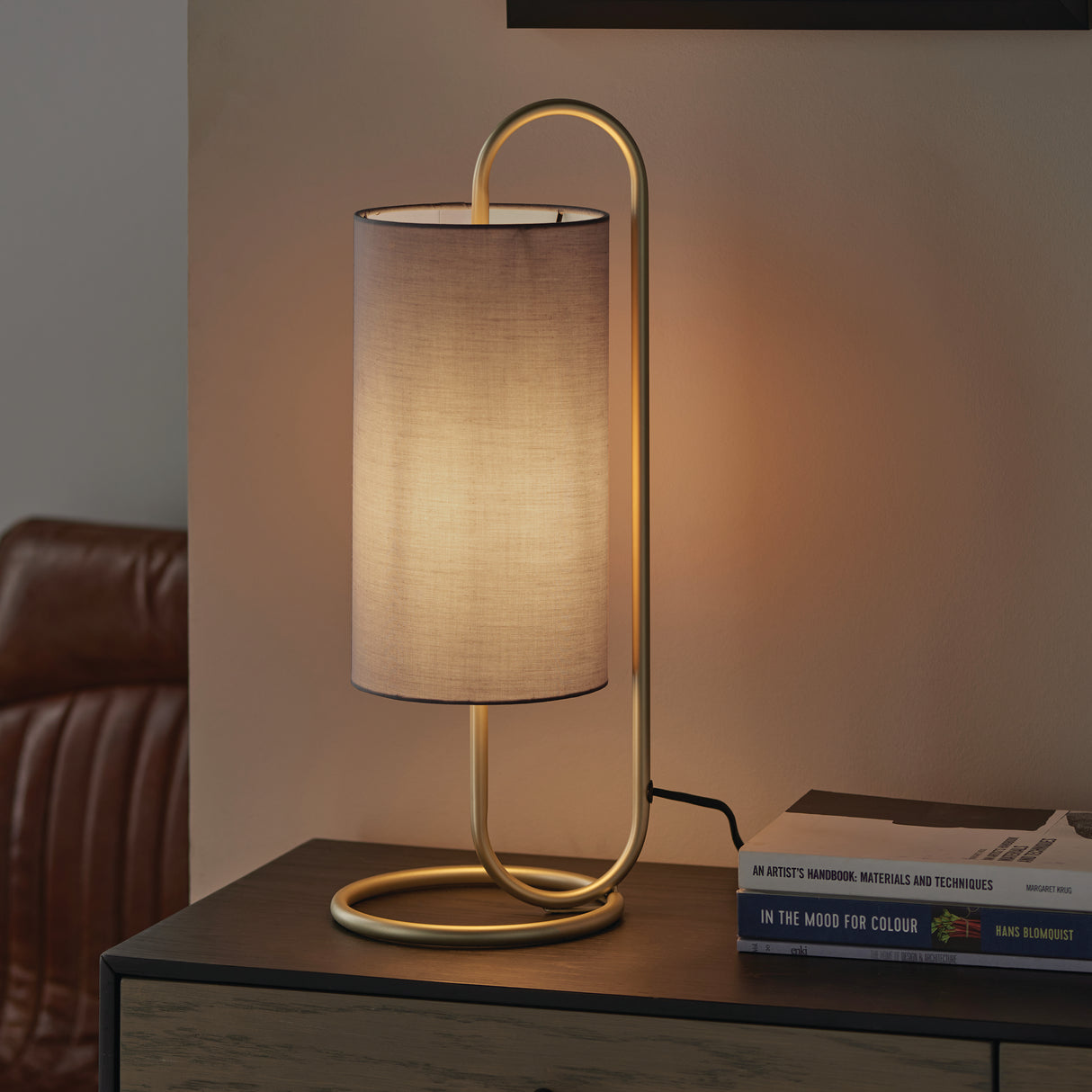 Sura Table Lamp Antique Brass w/ Grey Shade - Comet Lighting