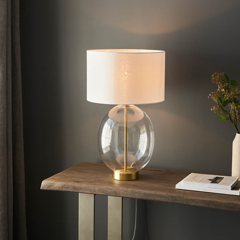 Kelda Oval Touch Table Satin brass plate & clear glass with vintage white fabric