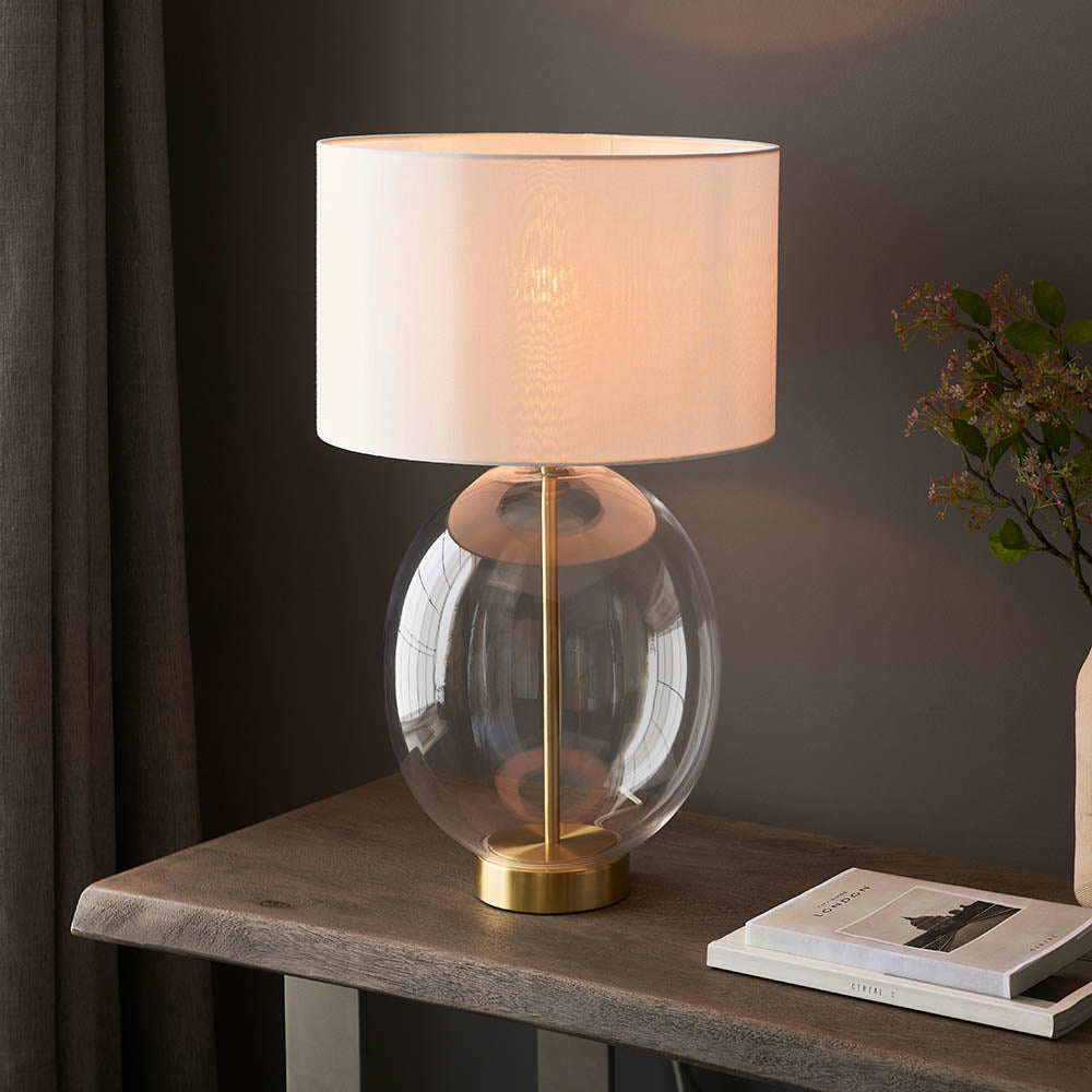 Kelda Oval Touch Table Satin brass plate & clear glass with vintage white fabric