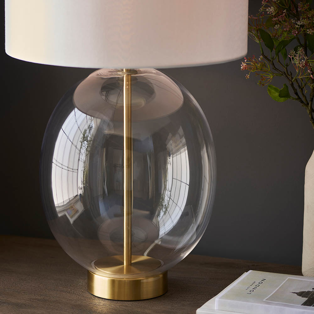 Kelda Oval Touch Table Satin brass plate & clear glass with vintage white fabric