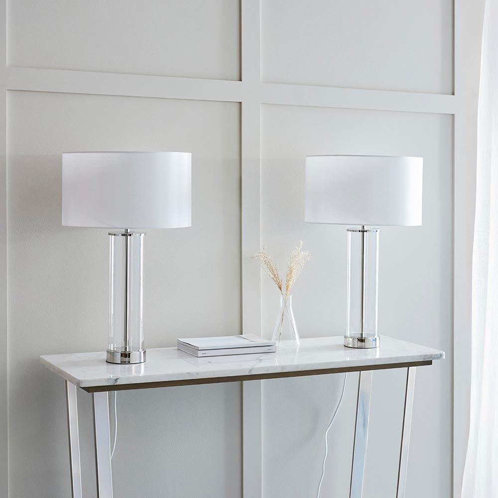 Lessina - Twin Pack Touch table Bright nickel plate & vintage white fabric