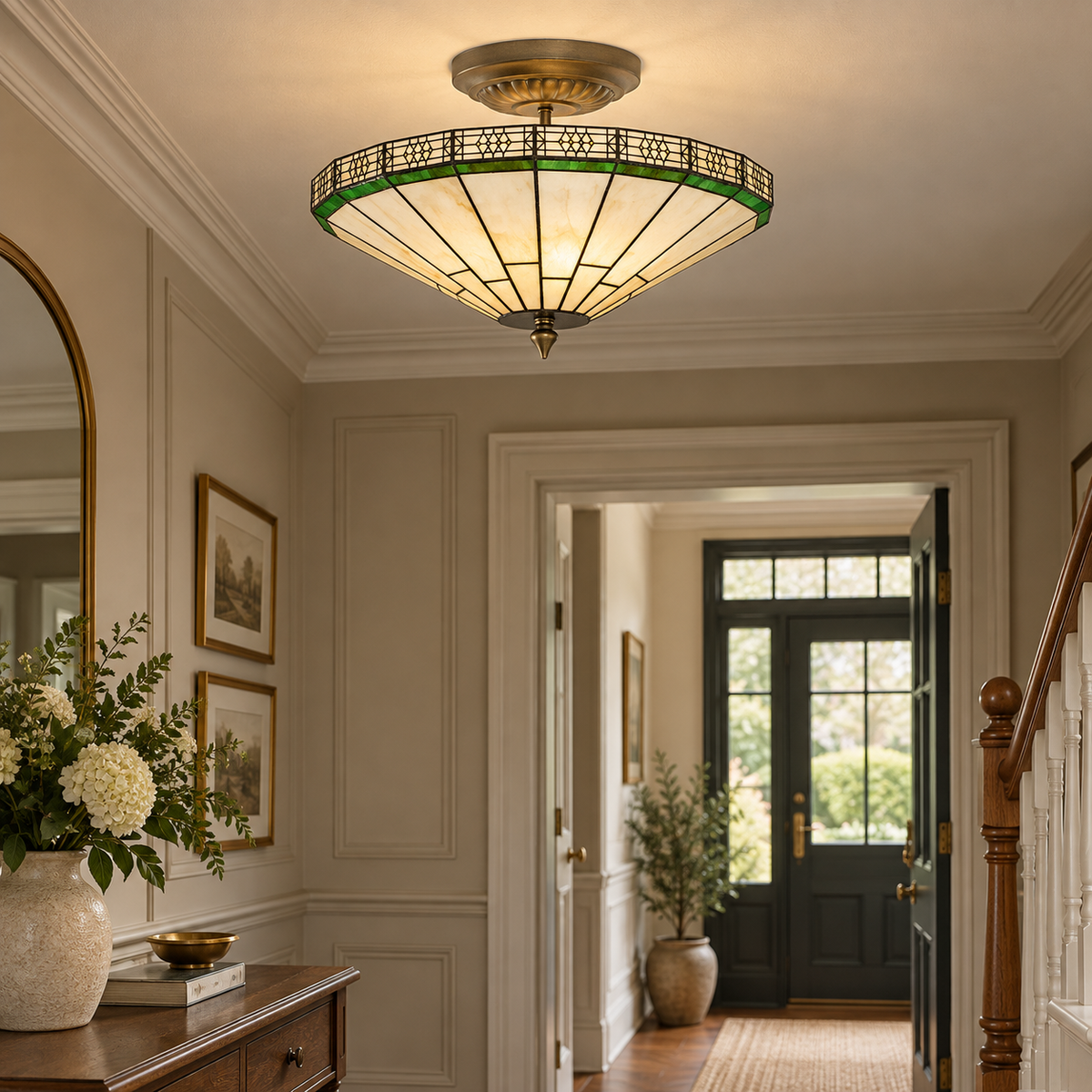 Searchlight New York Brass 2 Light Semi-Flush Weathered Tiffany Glass