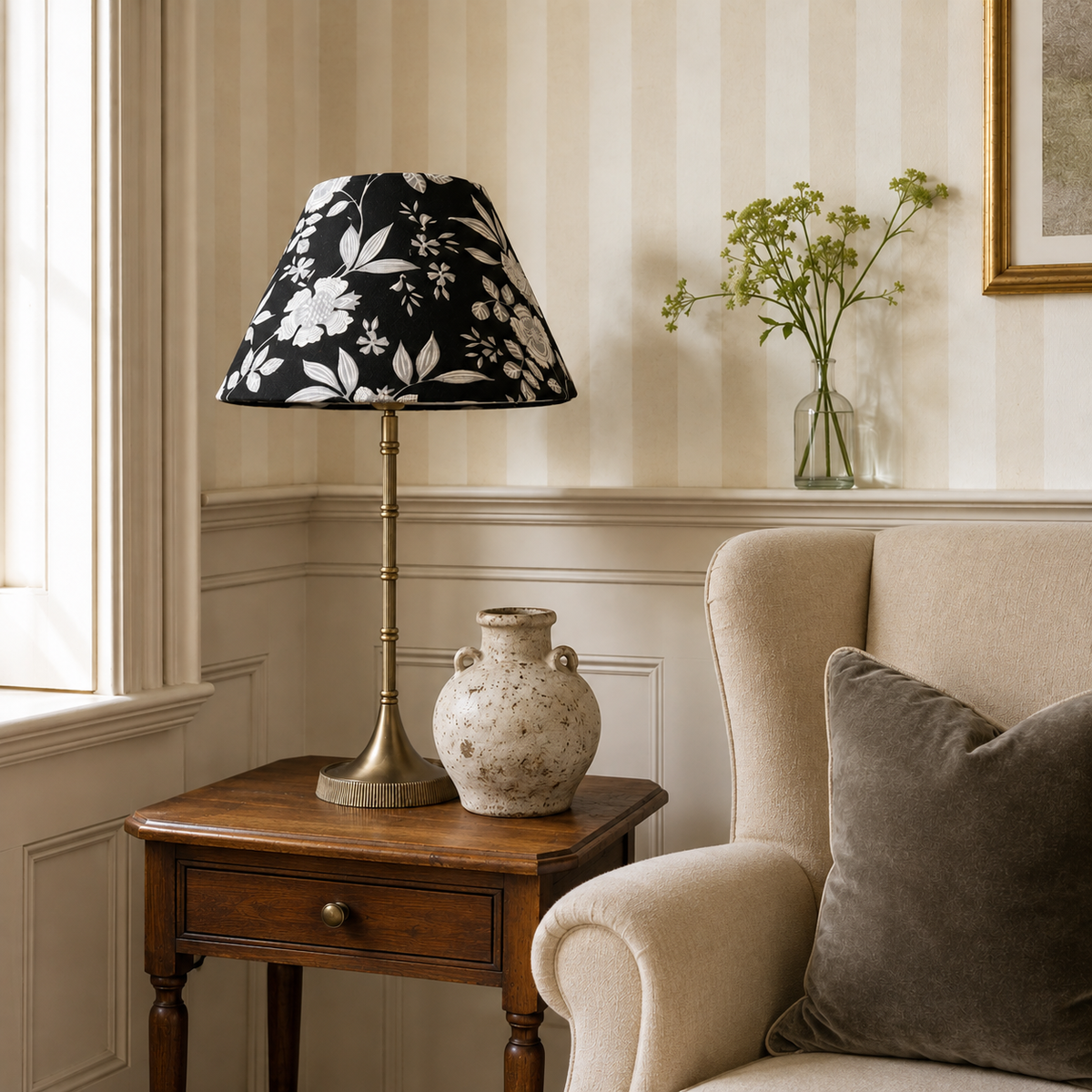Pixie Metal Table Lamp With Midnight Blossom Cotton Lampshade