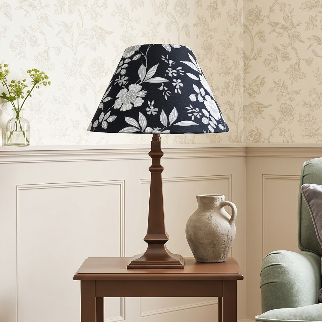 Azura Metal Table Lamp With Midnight Blossom Cotton Lampshade