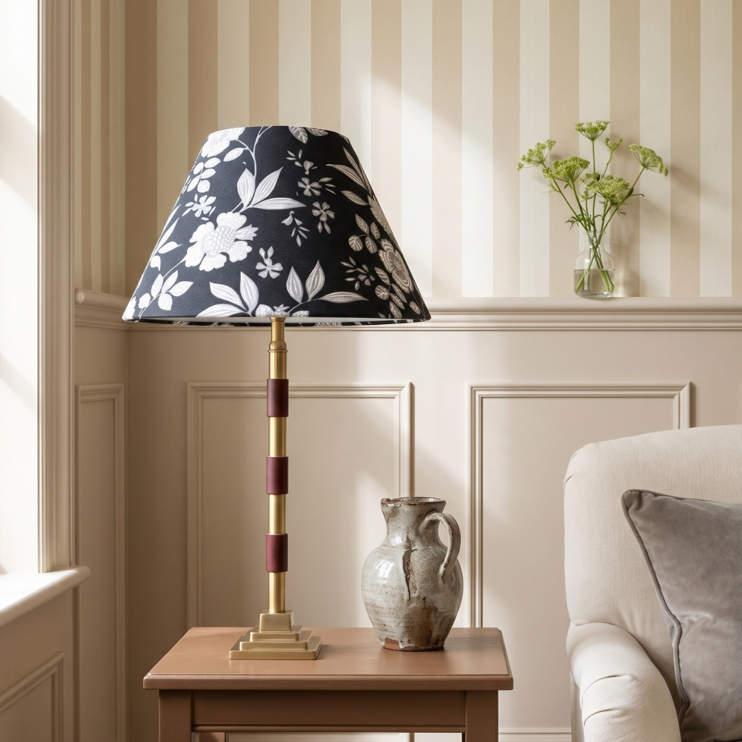 Clover Metal Table Lamp With Midnight Blossom Cotton Lampshade