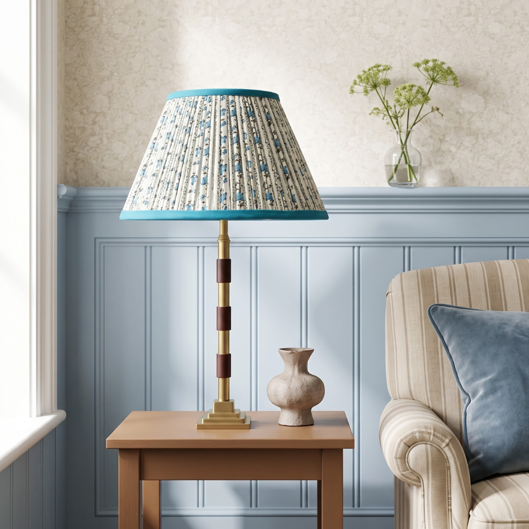 Clover Metal Table Lamp With Blue Willow Cotton Lampshade