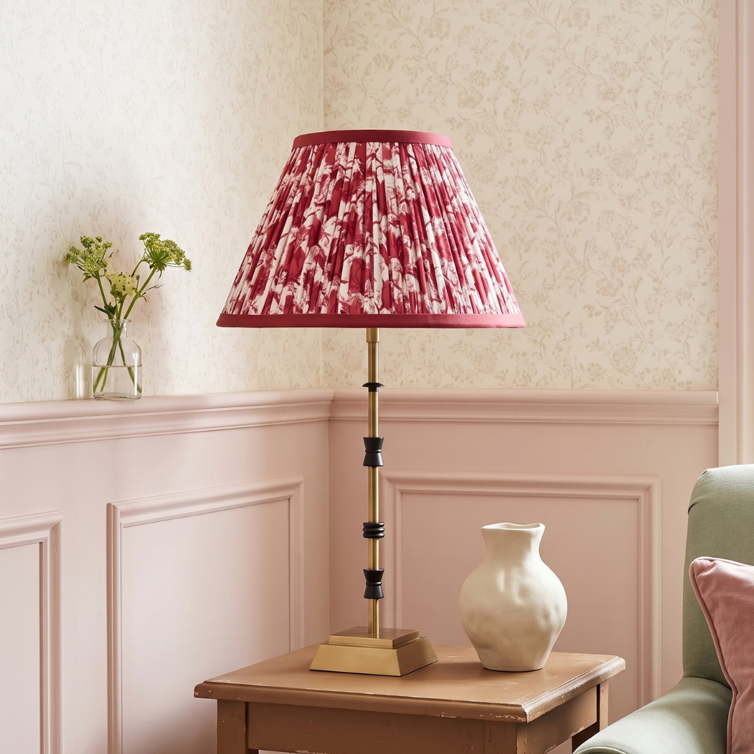 Lily Metal Table Lamp With Crimson Blooms Cotton Lampshade