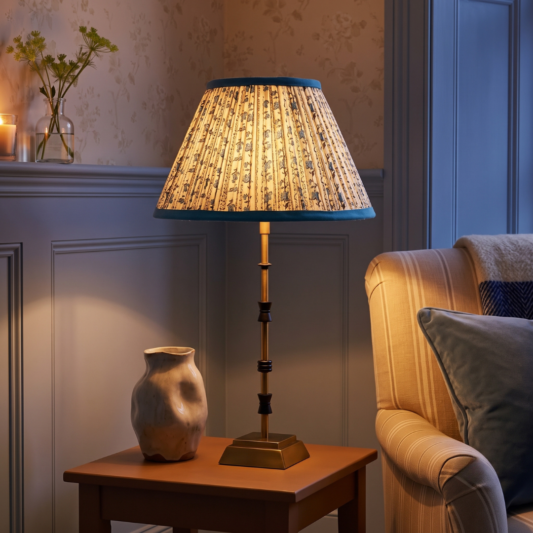 Lily Metal Table Lamp With Blue Willow Cotton Lampshade
