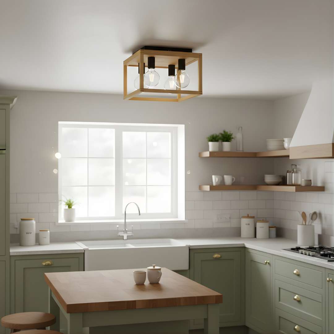 Searchlight Square 4Lt Flush Ceiling Light - Wood & Black Metal