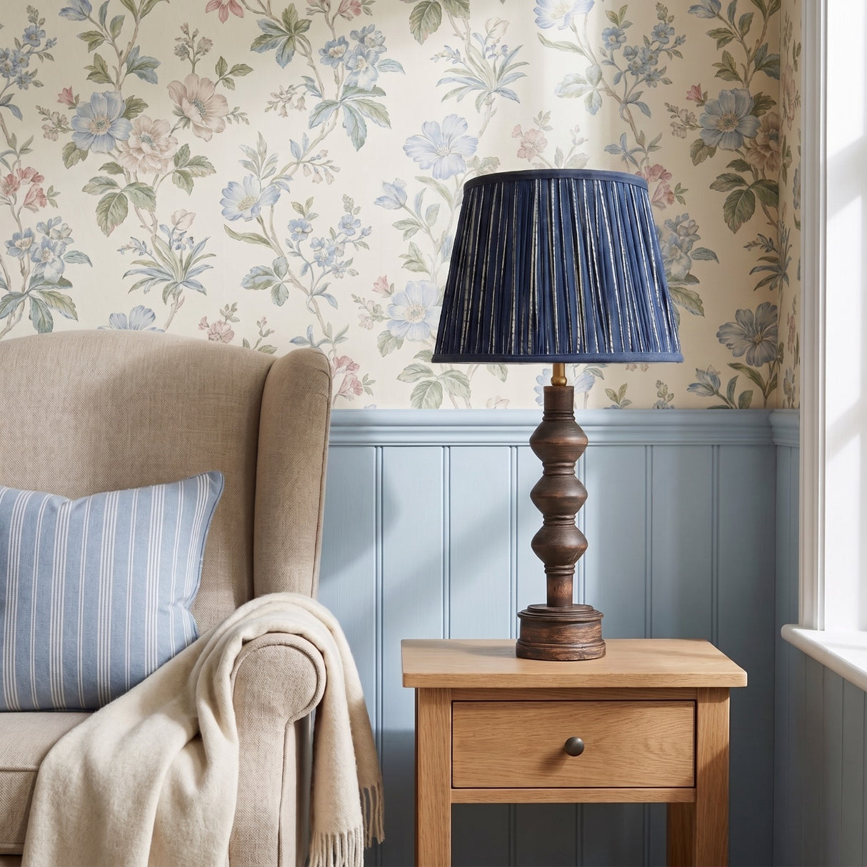 Blue and white lampshade