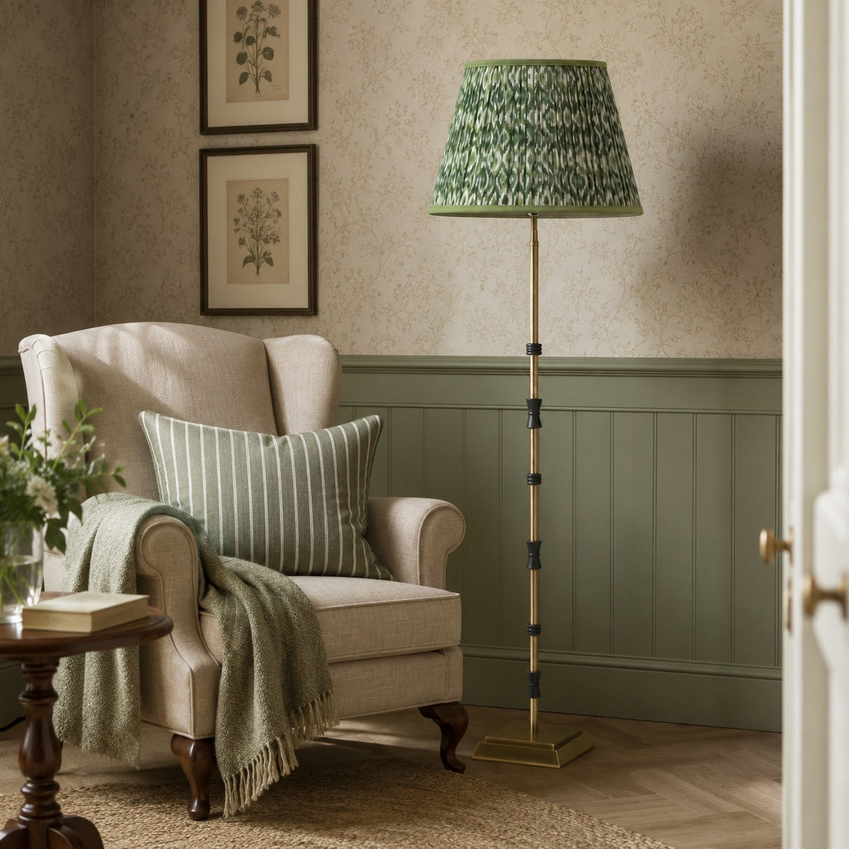 Green & White Ikat Cotton Lampshade