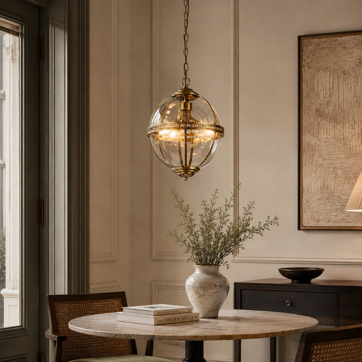 Coronet 3Lt Pendant - Antique Brass Metal & Glass