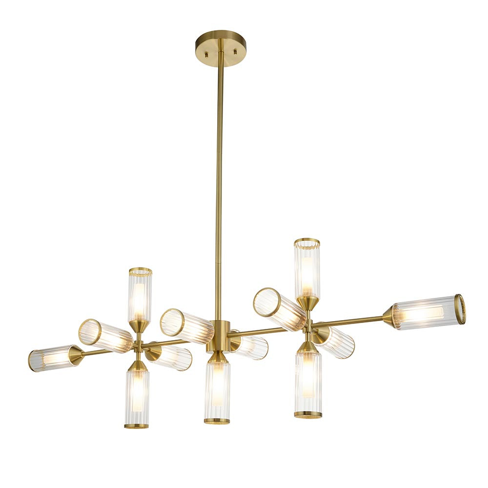 Avon 13Lt Linear Pendant Ceiling Light Satin Brass w/ Ribbed & Frosted Glass