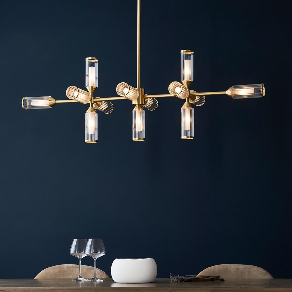 Avon 13Lt Linear Pendant Ceiling Light Satin Brass w/ Ribbed & Frosted Glass