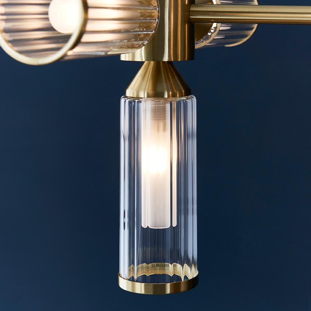 Avon 13Lt Linear Pendant Ceiling Light Satin Brass w/ Ribbed & Frosted Glass