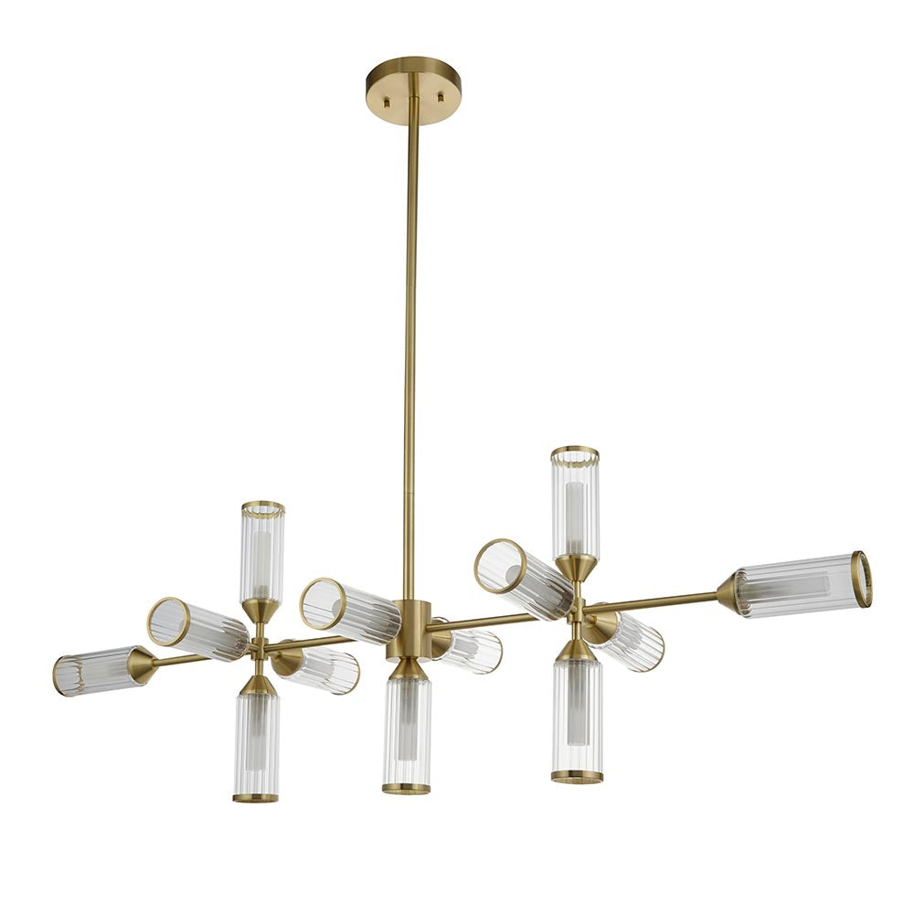 Avon 13Lt Linear Pendant Ceiling Light Satin Brass w/ Ribbed & Frosted Glass