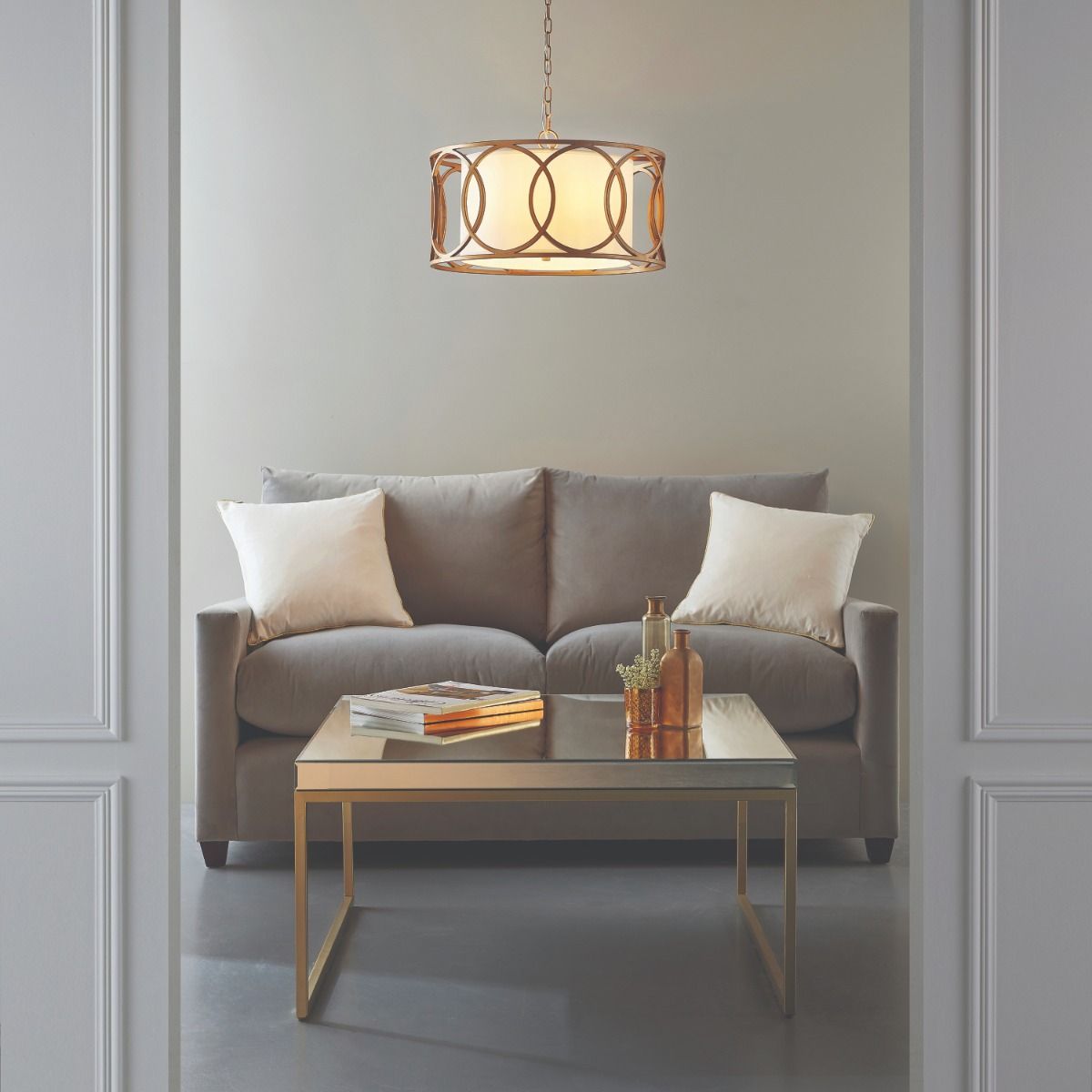 Trent 4Lt Pendant Ceiling Light Brushed Gold Paint & White Fabric