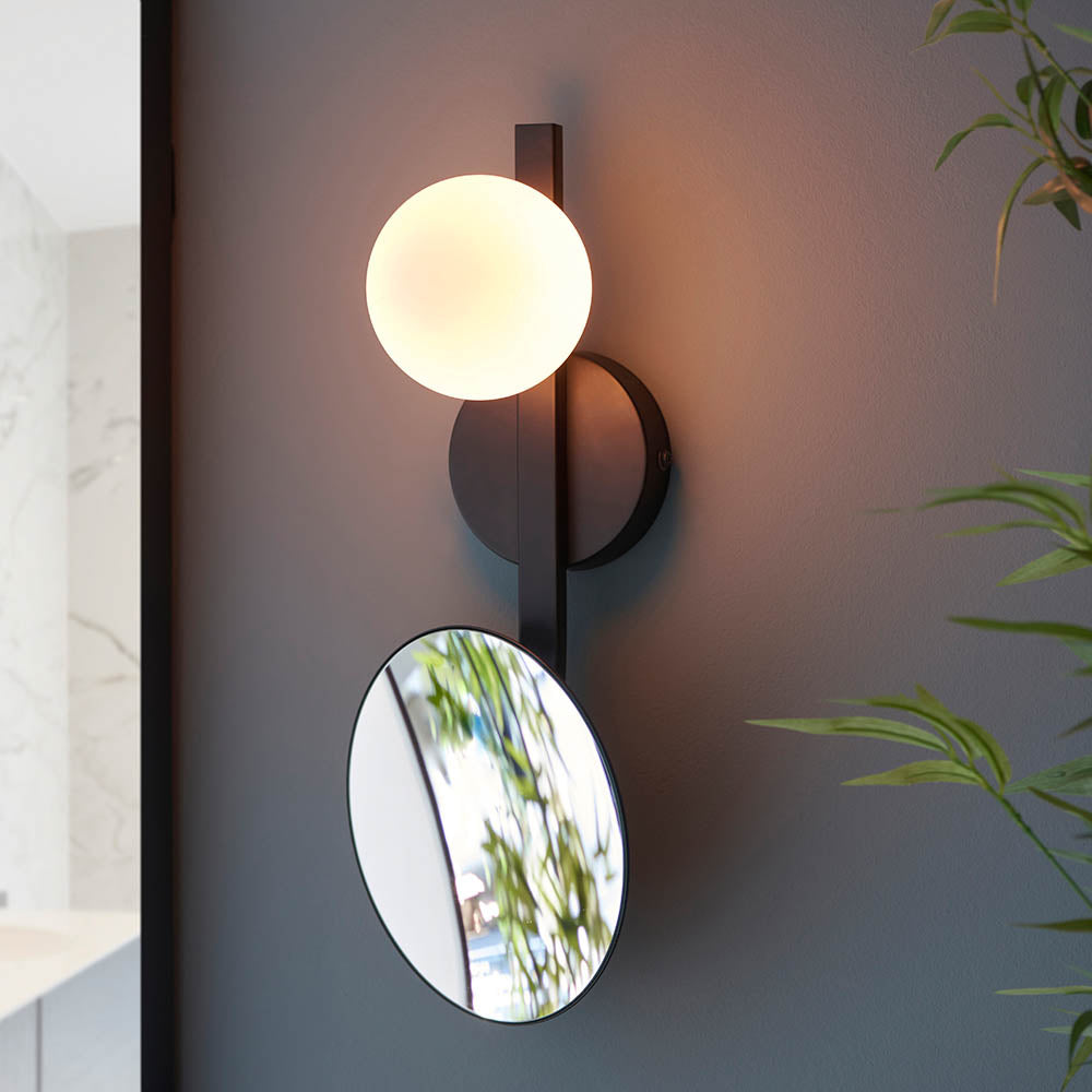 Dades Wall Light Black W/ Opal Glass Shade - Comet Lighting