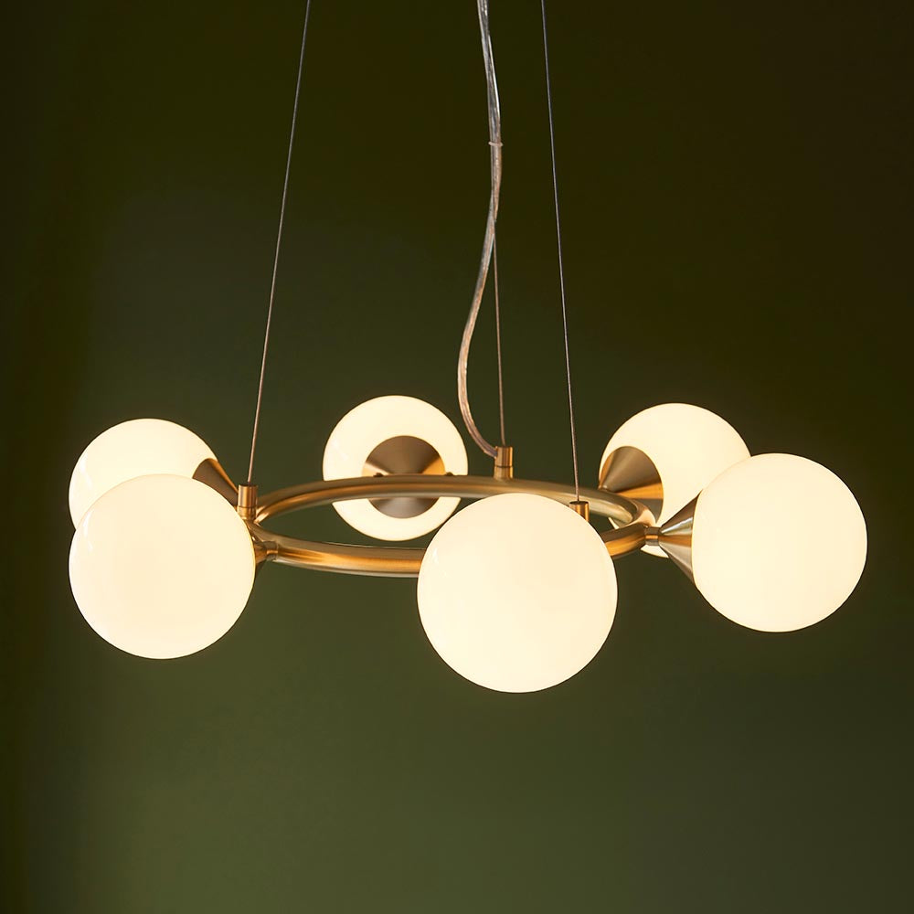Kemi 6Lt Ring Pendant Ceiling Light Brushed Gold w/ Gloss White Glass