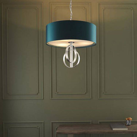 Lena 3Lt Pendant Ceiling Light Antique Silver Leaf & Teal Satin Fabric - Comet Lighting