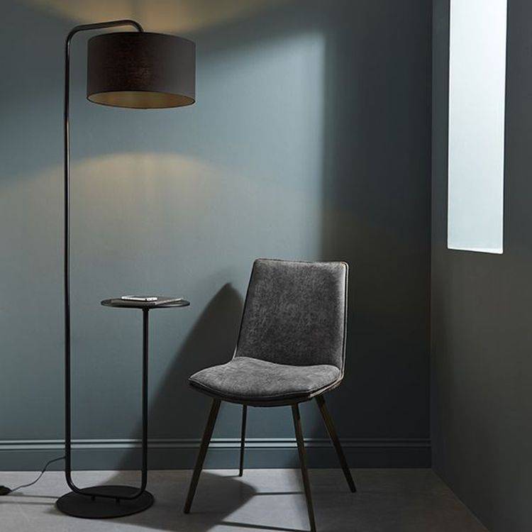 Rhone Floor Lamp & Shade Satin Black Paint & Black Fabric - Comet Lighting