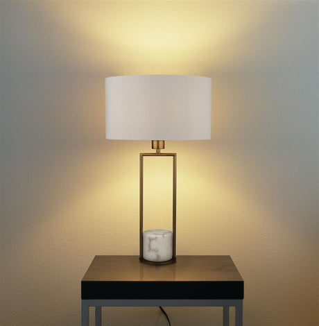 Tableau Gold Table Lamp w/ White Marble Base & White Drum Shade - Comet Lighting