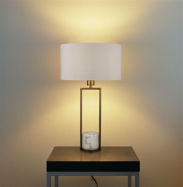 Tableau Gold Table Lamp w/ White Marble Base & White Drum Shade - Comet Lighting