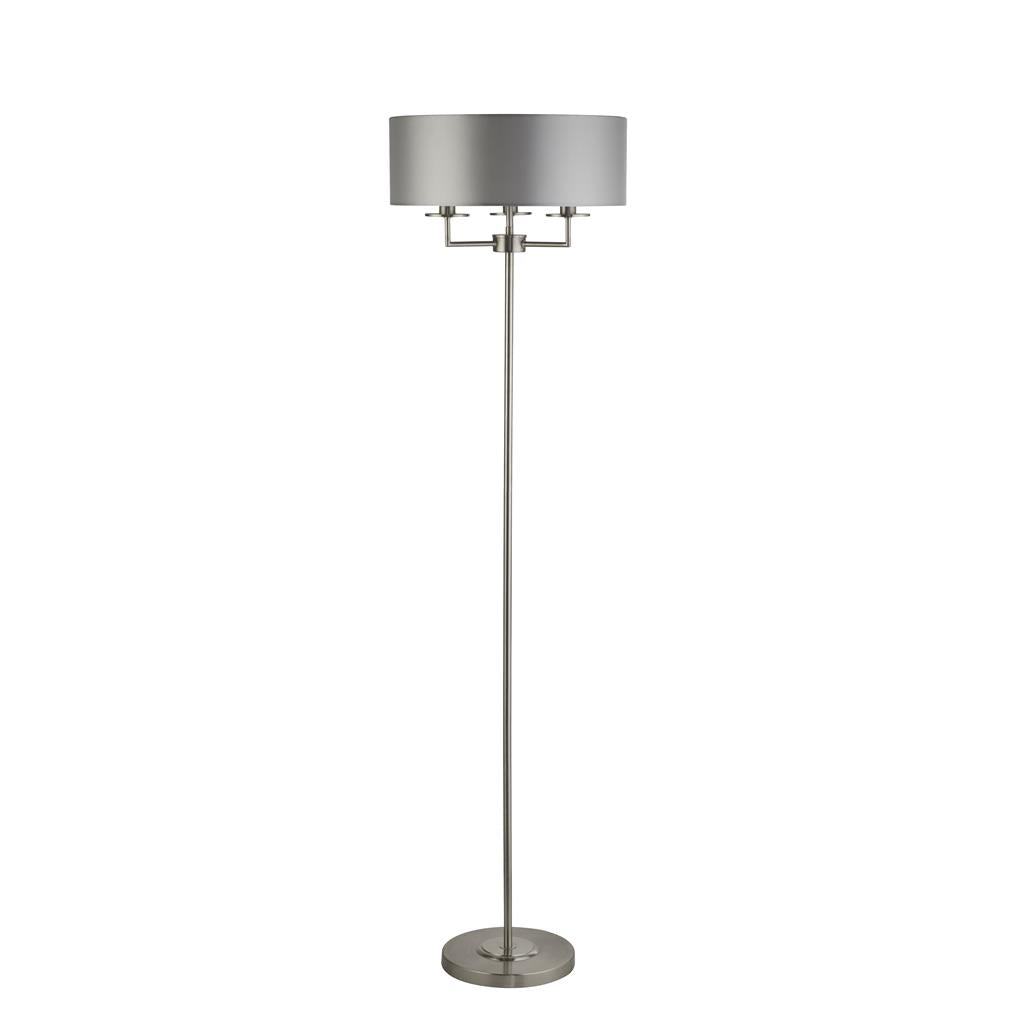 Georgeham 3Lt Floor Lamp Satin Silver w/ Silver Faux Silk Shade - Comet Lighting
