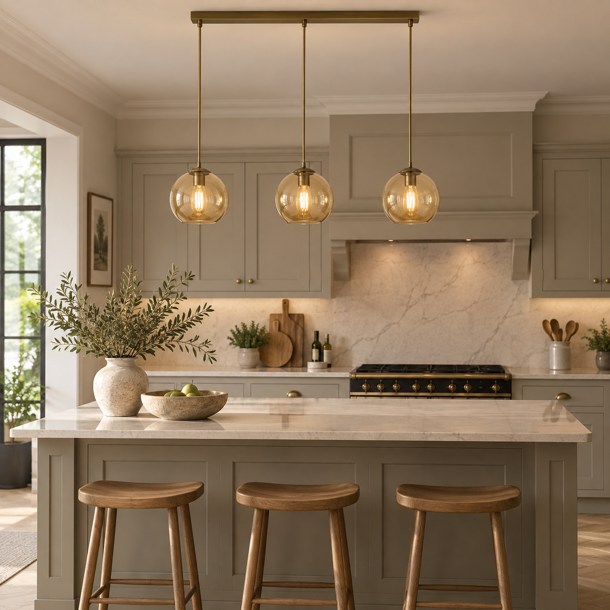 Searchlight Pendant 3Lt Bar| Antique Brass| Amber Glass