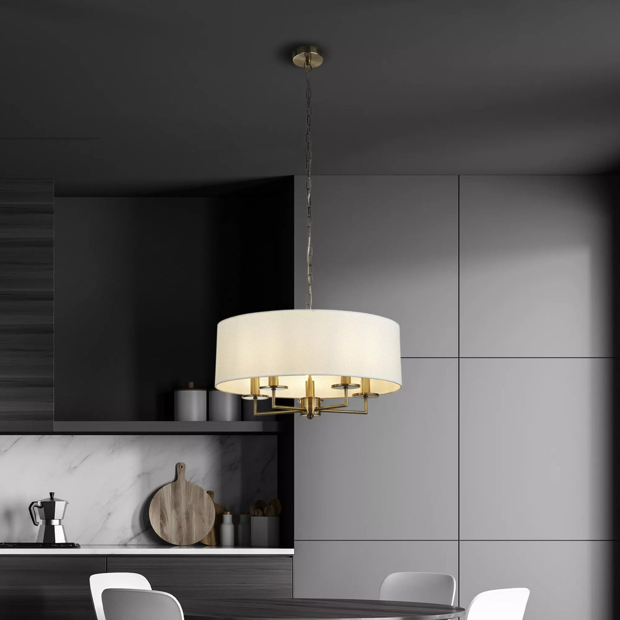 Knightsbridge 5Lt Pendant- Antique Brass & White Linen Shade