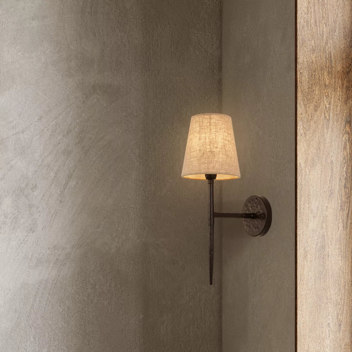 Gothic Wall Light - Hammered Black Metal & Natural Linen
