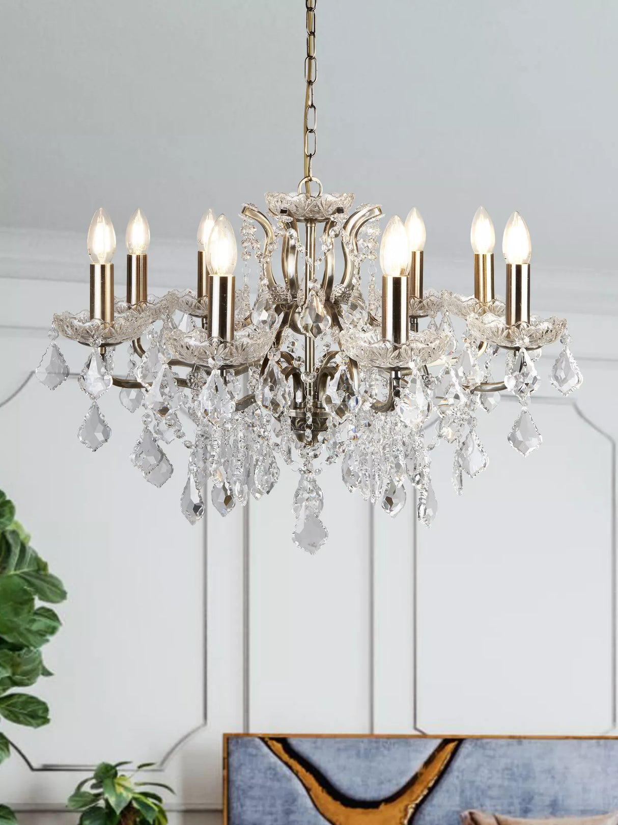 Searchlight 8 Light Chandelier Crystal Drops Trim Brass