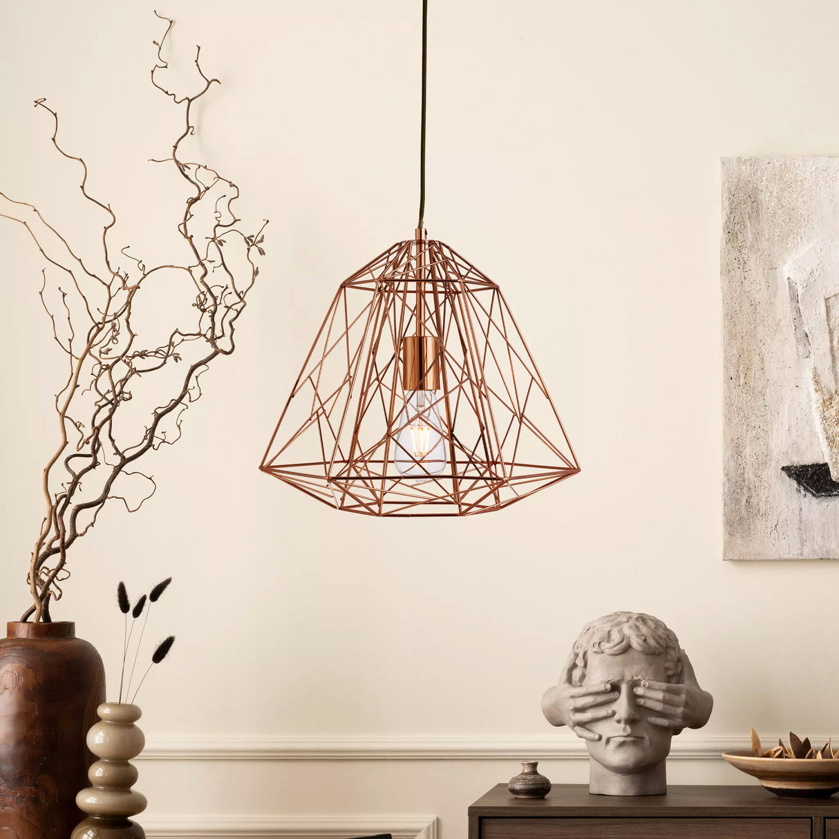 Searchlight Copper Geometric Cage Pendant Light