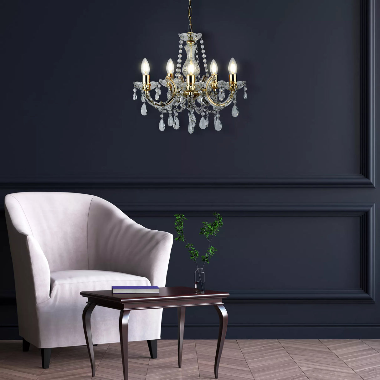 Searchlight Marie Therese Brass 5 Light Chandelier Crystal Drops