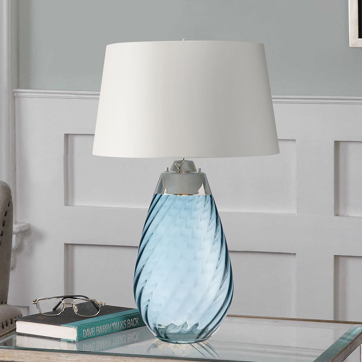 Lena 2 Light Large Blue Table Lamp with Off-white Shade - Comet Lighting