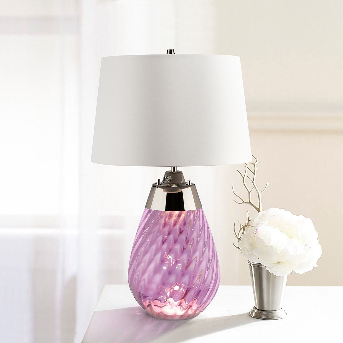 Lena 2 Light Small Plum Table Lamp with Off-white Shade - Comet Lighting