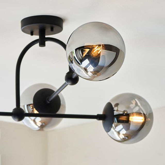 Yonne 4Lt Semi-Flush Ceiling Light Matt Black w/ Grey Tinted Glass