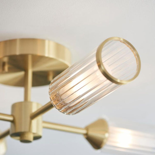 Avon 4Lt Semi-Flush Ceiling Light Satin Brass w/ Ribbed & Frosted Glass
