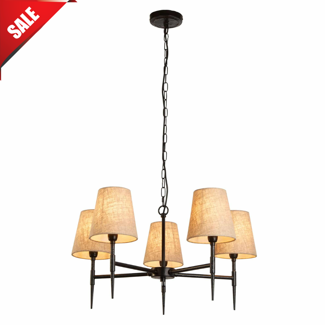 Gothic 5Lt Pendant - Hammered Black Metal & Natural Linen