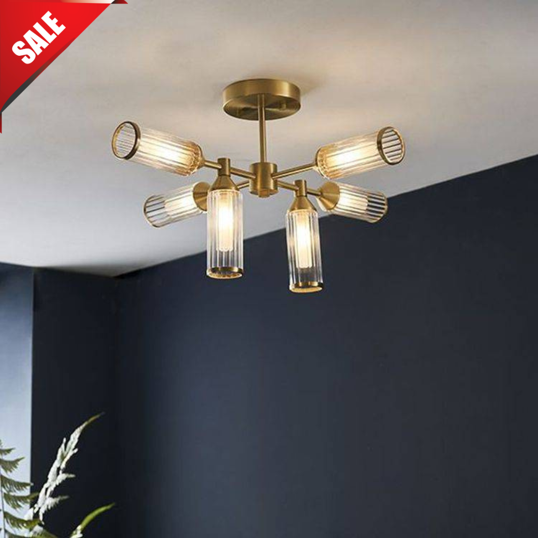 Avon 6Lt Semi-flush Ceiling Light Satin Brass Plate With Clear & Frosted Glass