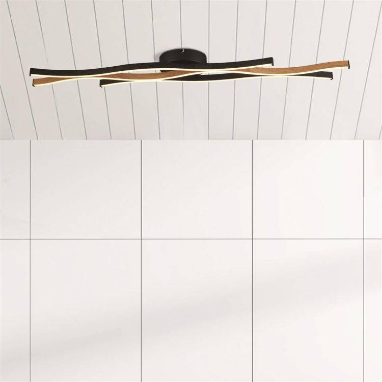 Bloom Swirl LED Flush Ceiling Light - Black With Wood Effect - Comet Lighting