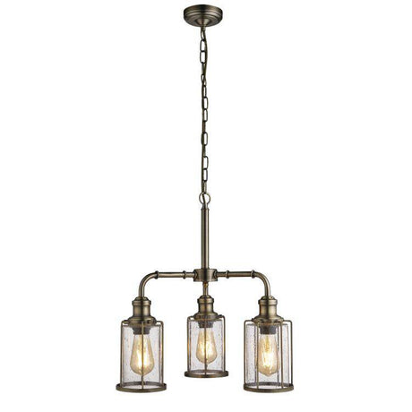 Searchlight Pipes 3Lt Pendant - Antique Brass With Seeded Glass - Comet Lighting