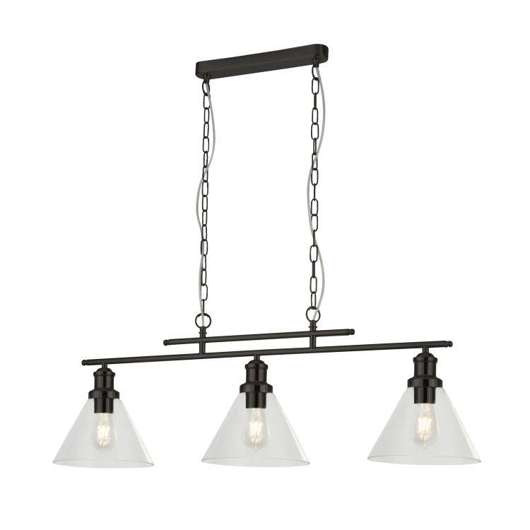 Searchlight Pyramid 3Lt Pendant Matt Black| Clear Glass Shade - Comet Lighting