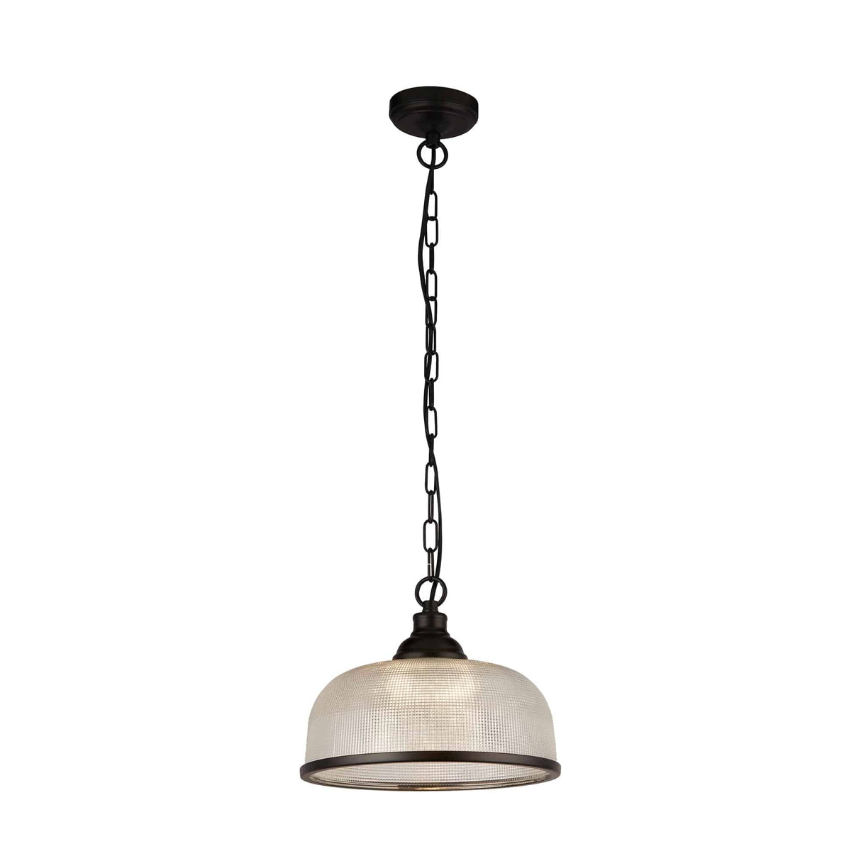 Highworth Pendant - Matt Black Metal & Holophane Style Glass - Comet Lighting